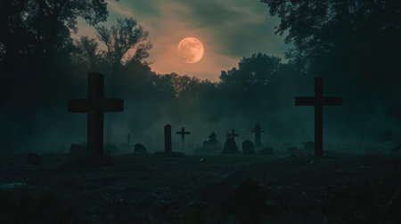 A haunting graveyard scene illuminated by a bright moon, shrouded in mist. The silhouettes of crosses stand against a dark sky, creating an eerie yet serene atmosphere perfect for themes of mystery and remembrance.の素材