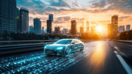 A sleek, futuristic electric car speeds through a vibrant cityscape at sunset. The innovative design reflects modern technology, showcasing a blend of urban life and eco-friendly travel.の素材