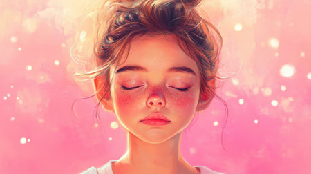 A serene portrait of a young girl with closed eyes, exuding tranquility and innocence. The soft pink background enhances her dreamy expression and natural beauty.の素材