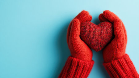 A pair of cozy red gloves holds a knitted heart, symbolizing love and warmth. This image showcases a gentle gesture of affection against a calming blue backdrop.の素材