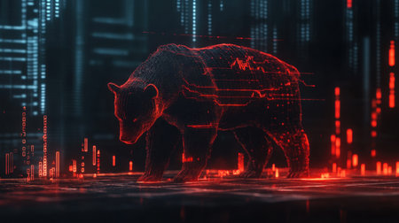 A captivating digital bear displayed in red neon lights against a futuristic data backdrop, symbolizing strength and technology in a modern design.の素材