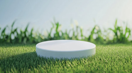 A minimalistic white round display stand is set on lush green grass, creating a serene and vibrant backdrop perfect for product showcases or artistic presentations.の素材