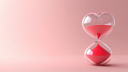 A charming heart-shaped hourglass filled with vibrant red sand rests on a soft pink background, symbolizing love and the passage of time, evoking feelings of warmth and romance.の素材