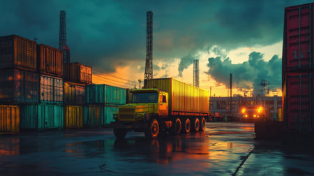 A vibrant industrial scene featuring a truck amidst colorful containers at dusk, showcasing dramatic skies and reflective surfaces, ideal for transport themes.の素材