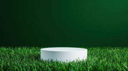 A white circular platform positioned on lush green grass creates a fresh and inviting display. The blurred background enhances the focus on the minimalist design.の素材