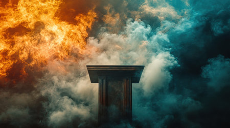 A striking image featuring a podium enveloped in vibrant flames and billowing smoke, creating a captivating contrast of colors and an intense atmosphere.の素材