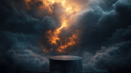 A striking scene featuring a black circular platform surrounded by dark clouds illuminated by fiery light, creating a mystical and dramatic atmosphere perfect for various projects.の素材