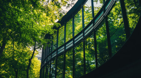 A striking modern building features expansive glass panels reflecting vibrant green trees, creating a harmonious blend of architecture and nature, perfect for showcasing urban tranquility.の素材