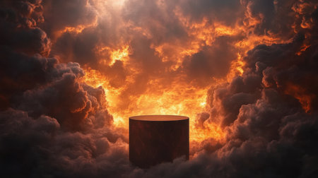 A captivating scene featuring a solitary cylinder surrounded by vibrant, fiery clouds. The dramatic lighting creates a mystical atmosphere, evoking emotions and sparking imagination.の素材