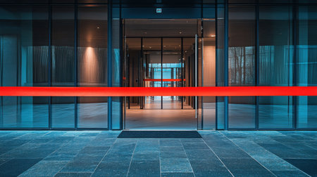 A striking modern glass entrance features a prominent red ribbon, creating a captivating visual effect. The minimalist design invites exploration and curiosity.の素材