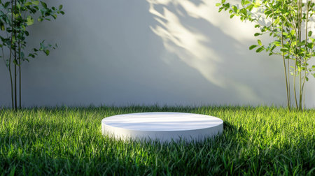 A minimalist display platform set in a lush green grass space, surrounded by delicate plants. Ideal for showcasing products or artistic installations in a serene outdoor environment.の素材