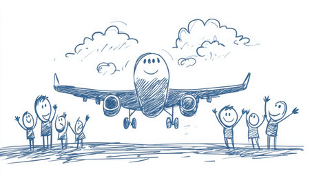 This charming cartoon illustration features happy children waving at a smiling airplane in the sky, capturing the joy of travel and adventure in a whimsical style.の素材