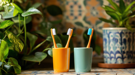 A vibrant scene featuring colorful toothbrushes in orange and green cups, surrounded by lush green plants, creating a fresh and inviting bathroom atmosphere.の素材