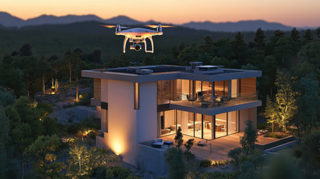 A sleek modern house with a drone flying above during sunset, set against a picturesque mountain landscape, showcasing the blend of technology and nature.の素材