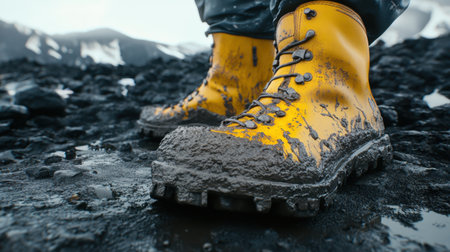 A close-up view of vibrant yellow boots covered in mud, standing on rocky terrain. The image captures the essence of adventure and exploration in nature.の素材