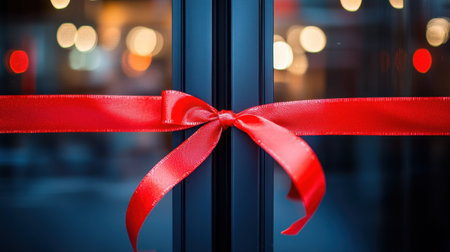 A close-up of an elegant red ribbon tied into a bow on a glass door, surrounded by soft glowing lights. This image evokes feelings of celebration and joy.の素材
