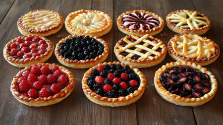 A beautiful arrangement of assorted fruit tarts featuring vibrant fillings and decorative crusts on a rustic wooden table. Perfect for dessert lovers.の素材