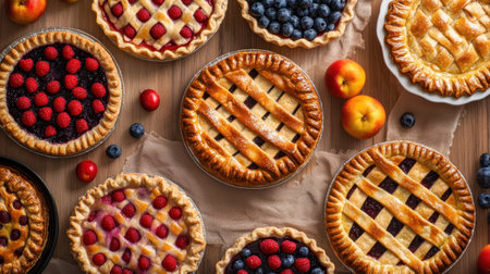 A beautiful collection of freshly baked fruit pies featuring vibrant colors and textures, perfect for a rustic dessert spread or seasonal celebration.の素材