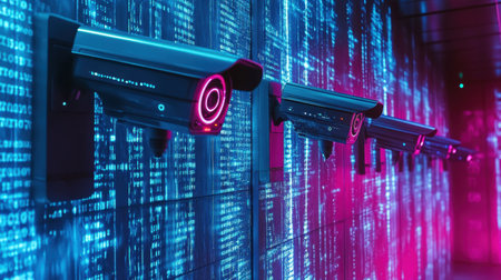 A captivating scene featuring modern surveillance cameras against a vibrant digital backdrop showcasing flowing data patterns, symbolizing security and technology.の素材