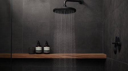 A modern minimalist shower scene featuring a sleek black showerhead, flowing water, and a wooden shelf with natural grooming products, promoting relaxation and clean aesthetics.の素材