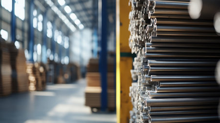 A spacious industrial warehouse featuring neatly stacked steel pipes and wooden materials. The setting highlights organized storage and efficient logistics for manufacturing.の素材