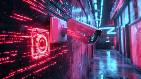 A vibrant and futuristic surveillance camera mounted on a wall in a neon-lit alley. The scene combines technology with aesthetic visuals, creating a cyberpunk atmosphere.の素材