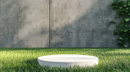 This image features a round white platform resting on lush green grass, set against a textured gray wall. The scene exudes calmness and modern design.の素材