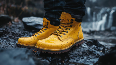 Close-up of bright yellow waterproof boots stands on wet ground, showcasing durability and style. The backdrop features a beautiful waterfall in a natural setting.の素材