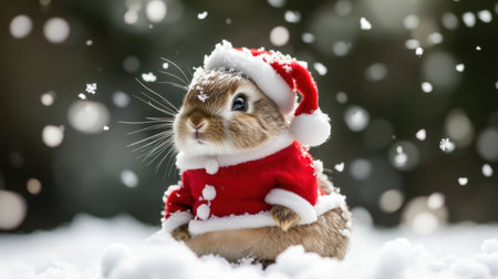 A charming bunny dressed in a festive Santa outfit sits in soft snow, surrounded by gently falling snowflakes, capturing the essence of winter joy and holiday spirit.の素材