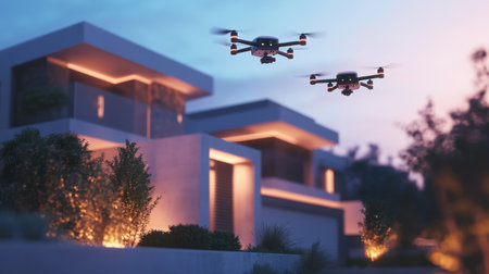 Two drones fly gracefully over modern homes during dusk, showcasing advanced technology. Soft lighting from the houses creates a serene atmosphere, ideal for exploring innovative outdoor solutions.の素材