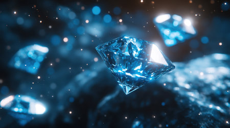 Captivating blue diamond gems float in a mystical background, showcasing their shine and brilliance. Ideal for themes of luxury, beauty, and elegance.の素材