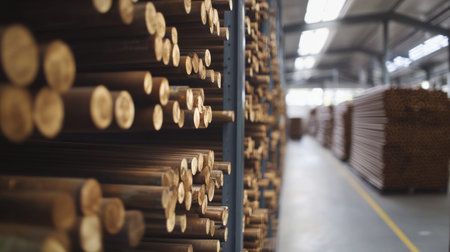 A warm interior view of a warehouse showcasing neatly stacked wooden planks ready for use in construction or carpentry projects.の素材
