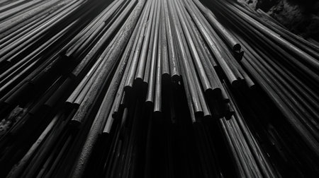 A striking black and white image showcasing metal rods arranged in a dynamic composition, highlighting texture, depth, and industrial elegance.の素材