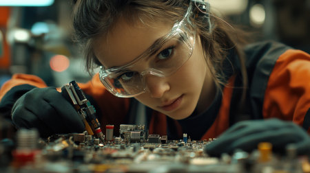 A young female engineer intently examines a circuit board, showcasing focus and dedication in a tech workshop. Her protective gear emphasizes safety in engineering.の素材