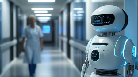 A modern hospital corridor featuring a sleek robot assistant alongside medical staff. The scene emphasizes innovation in healthcare technology and patient care.の素材