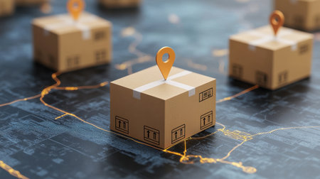 Conceptual image depicting delivery logistics with cardboard boxes and location markers on a map, illustrating the modern transportation and shipping process.の素材