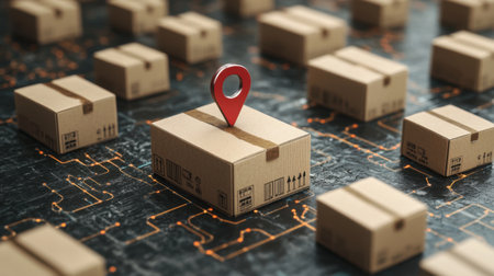 Conceptual image of multiple cardboard boxes arranged on a surface with a location pin symbolizing delivery tracking, representing modern logistics and e-commerce systems.の素材