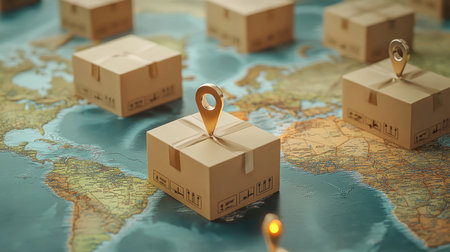 This stock photo features delivery packages on a world map, symbolizing logistics and shipping. It illustrates global transport concepts for e-commerce and services.の素材