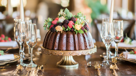 A stunning chocolate bundt cake adorned with fresh berries and mint, perfect for celebrations or gatherings, set beautifully on a decorated dining table.の素材
