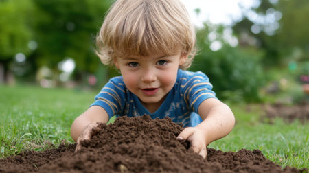 A joyful child engages with soil in an outdoor setting, showcasing the essence of childhood curiosity and connection to nature. Ideal for themes of play.の素材