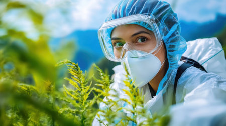 A scientist in protective gear examines plants in a lush natural environment. The image highlights the importance of environmental research and safety in scientific exploration.の素材