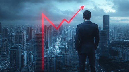 A businessman stands overlooking a city skyline, contemplating growth represented by a rising arrow. This image symbolizes ambition, success, and future opportunities in business.の素材