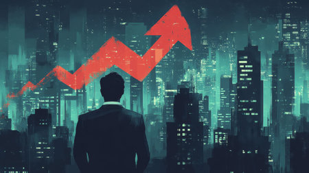 A businessman stands against a backdrop of a vibrant urban skyline, observing a rising growth graph, symbolizing success and potential in modern finance.の素材