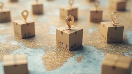 This image illustrates delivery boxes placed on a world map, symbolizing the logistics of global shipping. It reflects the interconnectedness of modern commerce and delivery services.の素材