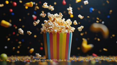 A vibrant image of popcorn exploding from a colorful striped container, surrounded by falling candy and sweets. Perfect for conveying fun and celebration!の素材