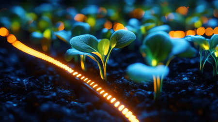Vibrant green seedlings emerging from rich dark soil, illuminated by soft glowing lights, symbolize growth and renewal in a tranquil environment.の素材
