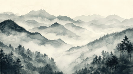 A breathtaking mountain landscape featuring mist rising over serene forests. The artwork captures a tranquil atmosphere, evoking a sense of peace and adventure.の素材