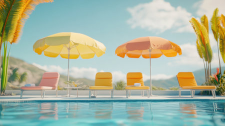 Bright and inviting poolside setup featuring colorful chairs and umbrellas. The scene captures a perfect summer day, promoting relaxation and leisure by the water.の素材