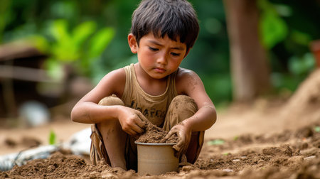 A young boy sits focused on playing with soil in a pot. His dirty hands and concentrated expression reflect the joy of childhood exploration in a natural environment.の素材