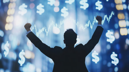 A silhouette of a businessman raises his arms in celebration against a vibrant urban backdrop, symbolizing success and financial achievement in today's competitive market.の素材